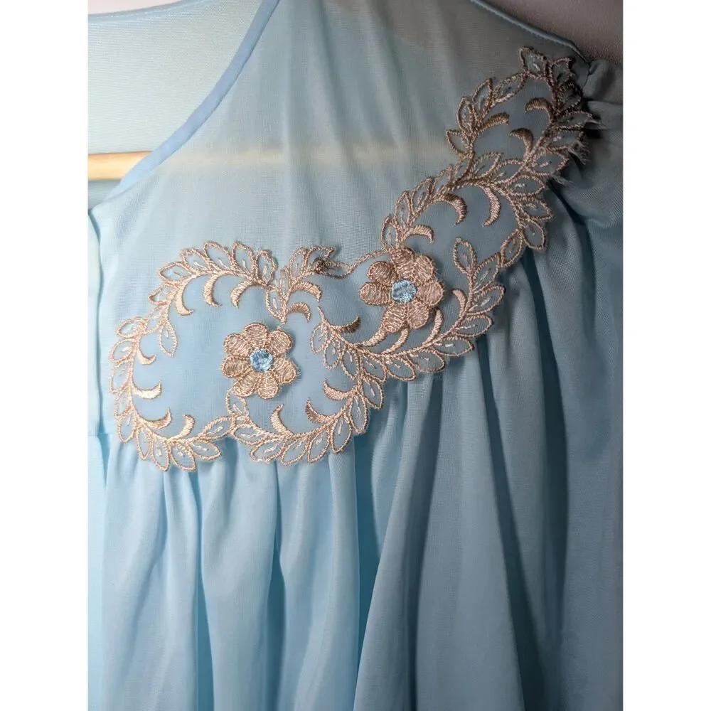 Vintage Pinehurst Blue Peignoir Set w/ Embroidered Lace Trim Med Robe Nightgown